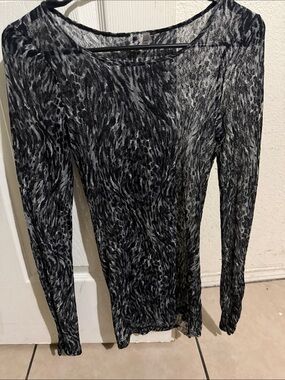 BKE Sheer Long Sleeve Animal Print Top - Black, Gray